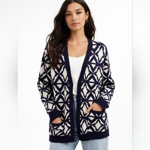 ASOS Design Geometric Cardigan Size Medium Navy & Cream Cozy Boho Knit